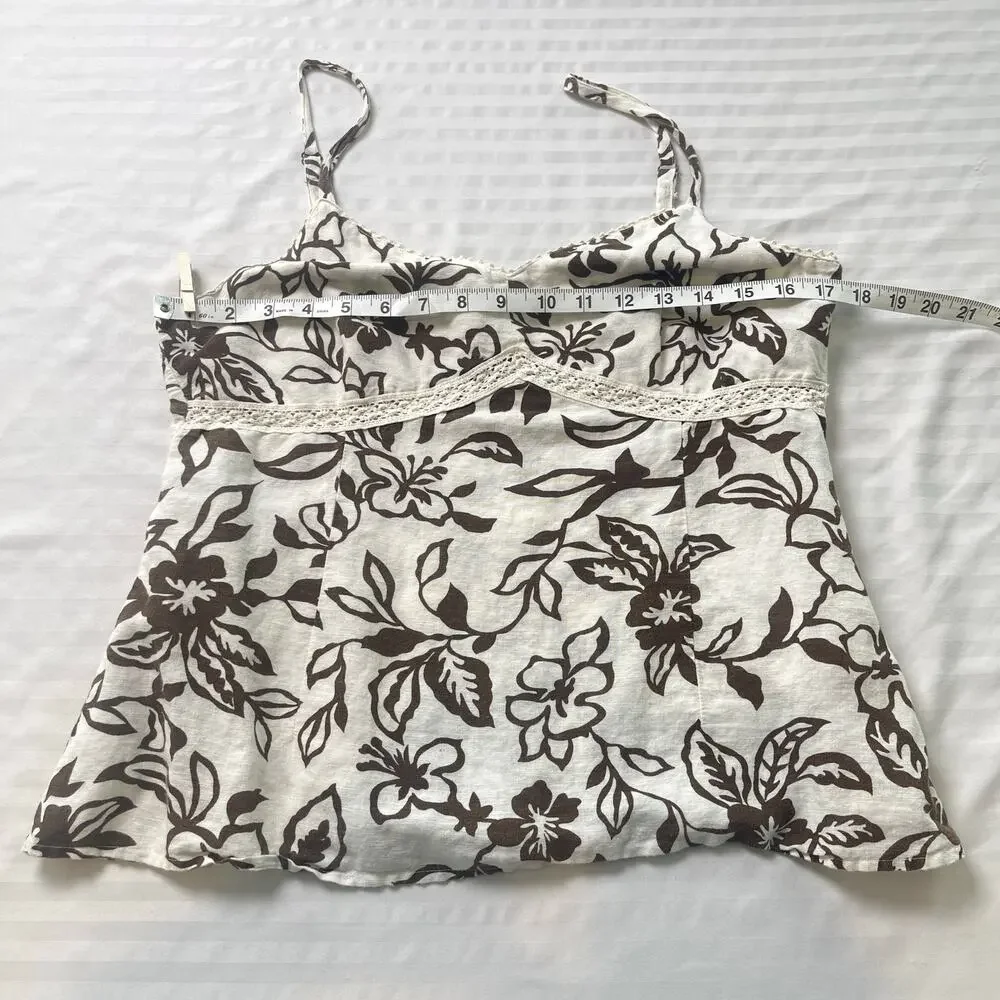 Bass Floral Linen Blend Cami Tank Top Brown Cream Boho Cottagecore Medium - Picture 4 of 10